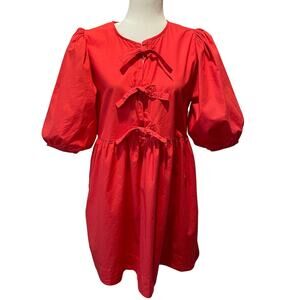 Band of the Free Babydoll Mini Dress L Cotton Puff Sleeve Front Ties Red Pockets